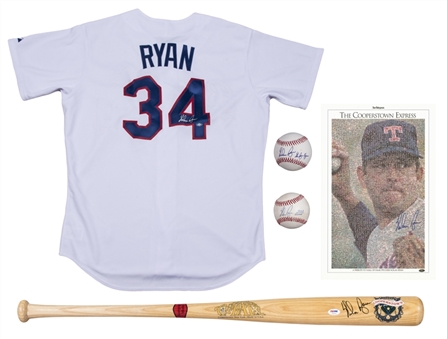 Lot of (5) Nolan Ryan Signed Items Including 2 Baseballs, Rangers Jersey, Cooperstown Bat, & 15x22 Print (PSA/DNA & JSA)